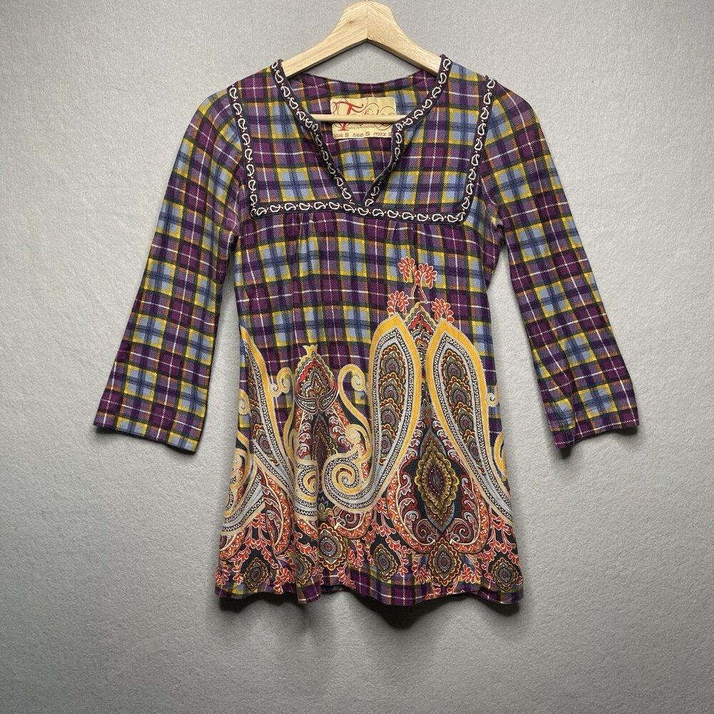 Zara Trafaluc S Dress Plaid Paisley V-Neck Embroidery Multicolor